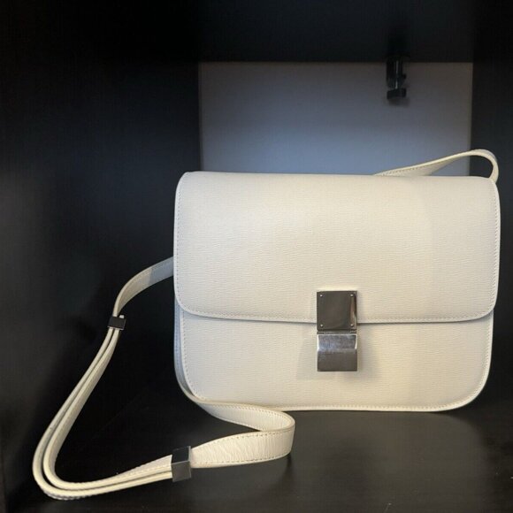 CELINE White Grained Chevre Leather Medium Classic Box Flap Bag - Picture 1 of 13